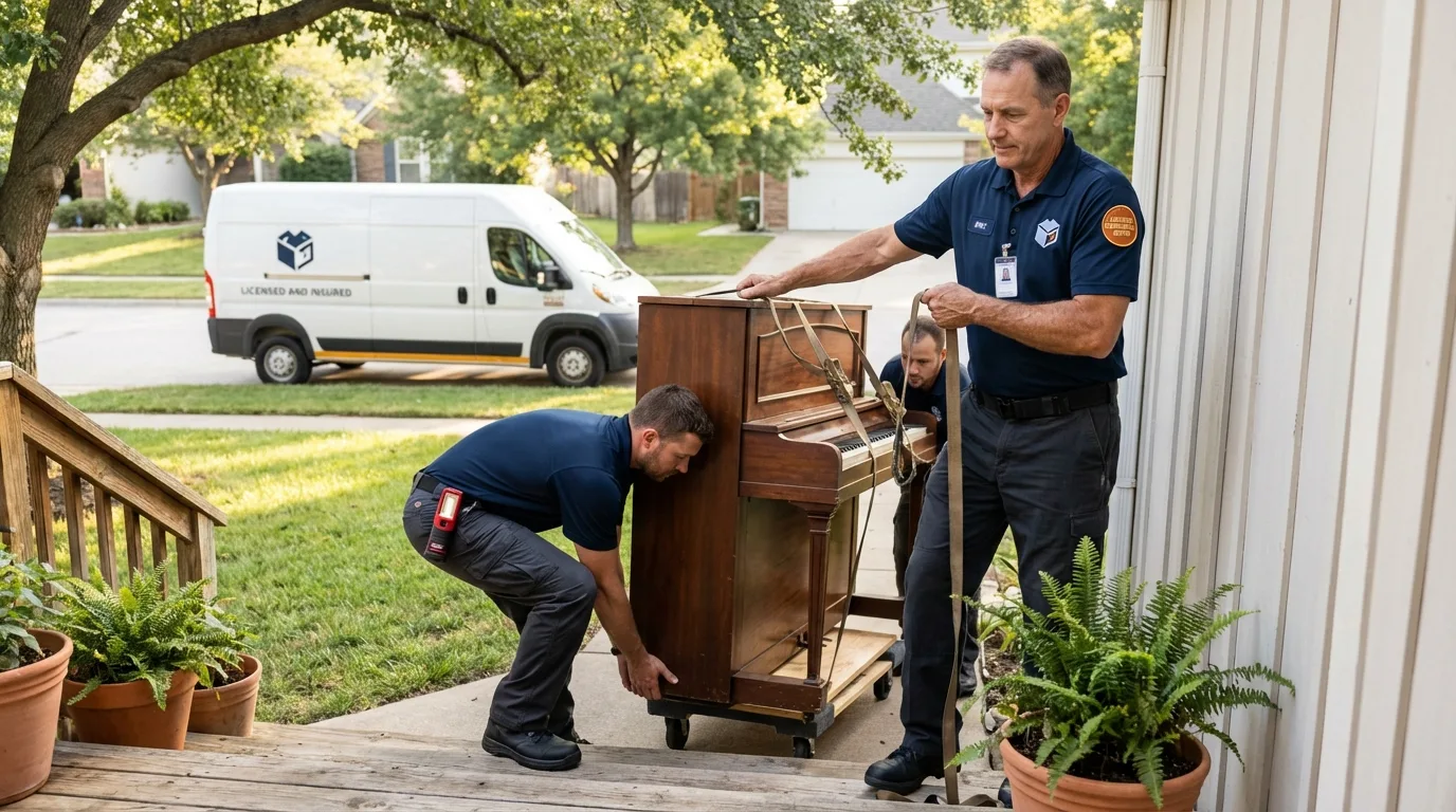 Licensed piano movers securing grand piano in Adjuntas, PR